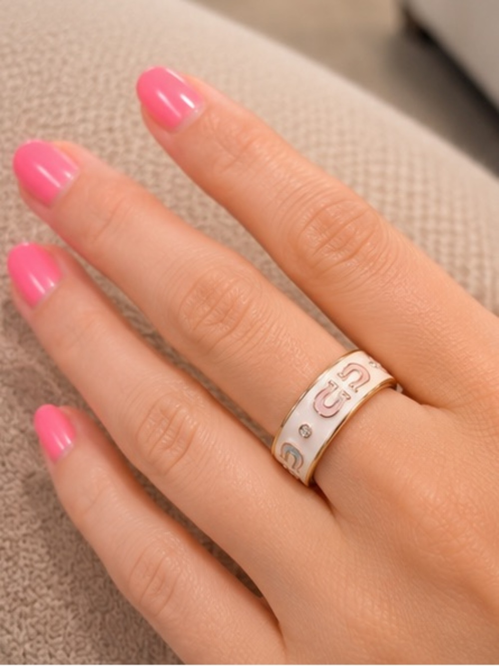 Designer Inspired Cream Enamel Double C Adjustable Ring